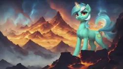 Size: 2560x1440 | Tagged: safe, ai content, derpibooru import, machine learning generated, prompter:star-dragon, stable diffusion, lyra heartstrings, pony, unicorn, eruption, female, fire, generator:pony diffusion v6 xl, horn, image, lava, png, solo, solo female, volcano, wallpaper