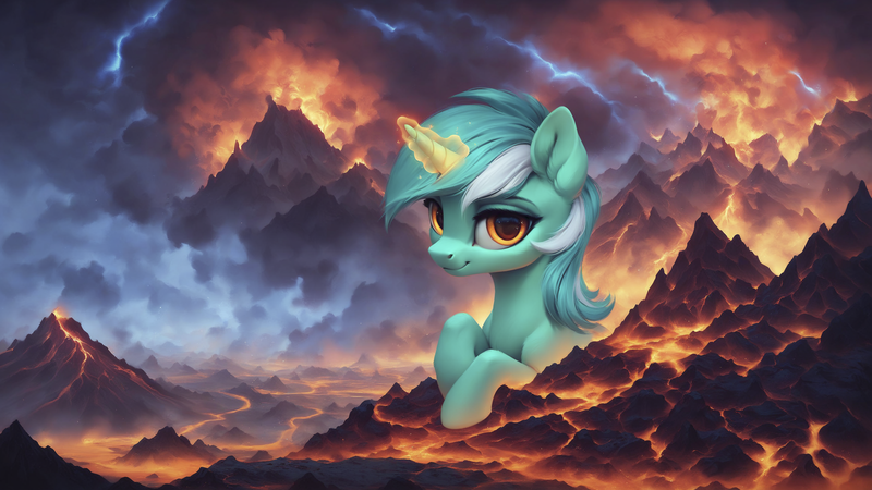 Size: 2560x1440 | Tagged: safe, ai content, derpibooru import, machine learning generated, prompter:star-dragon, stable diffusion, lyra heartstrings, pony, unicorn, eruption, female, fire, generator:pony diffusion v6 xl, horn, image, lava, png, solo, solo female, volcano, wallpaper