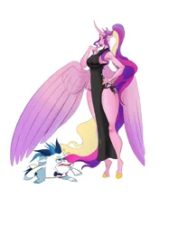 Size: 2048x2732 | Tagged: safe, artist:iki-ki, derpibooru import, princess cadance, shining armor, alicorn, anthro, unguligrade anthro, unicorn, alternate hairstyle, big breasts, black dress, bowtie, braless, breasts, busty princess cadance, clothes, dress, duo, duo male and female, female, hand on hip, high res, hoers, horn, image, large wings, male, meme, one wing out, png, reference, ship:shiningcadance, shipping, side slit, simple background, spongebob reference, spongebob squarepants, straight, the bride and the ugly ass groom, white background, wide hips, wings