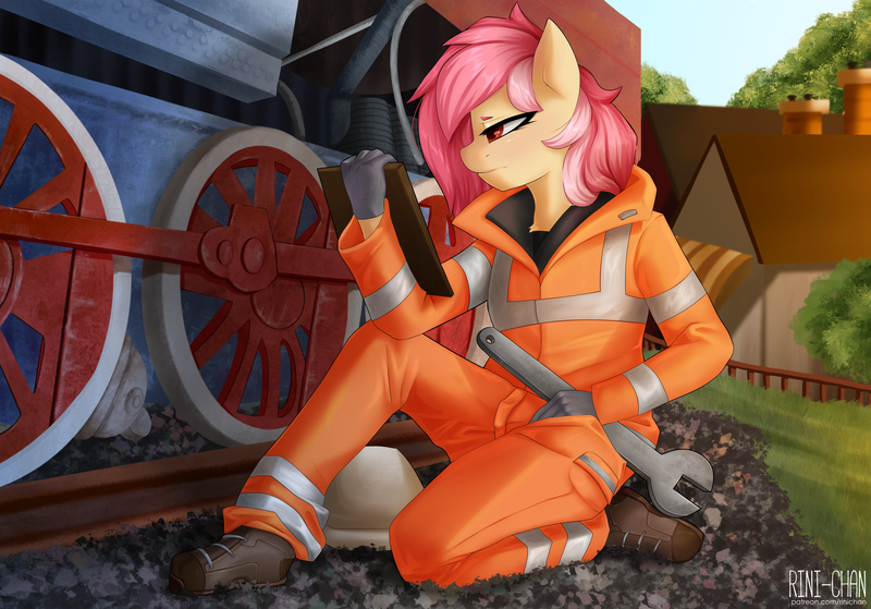 Size: 2863x2000 | Tagged: safe, artist:rinikka, derpibooru import, oc, oc:cotton seams, unofficial characters only, anthro, pegasus, pony, anthro oc, clipboard, clothes, detailed background, female, house, image, kneeling, mare, outdoors, pegasus oc, png, railroad, solo, solo female, train, tree, uniform, wings, wrench
