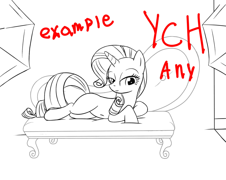 Size: 2000x1600 | Tagged: questionable, artist:vadytwy, derpibooru import, rarity, pony, unicorn, any gender, any species, commission, gif, horn, image, monochrome, solo, ych example, your character here