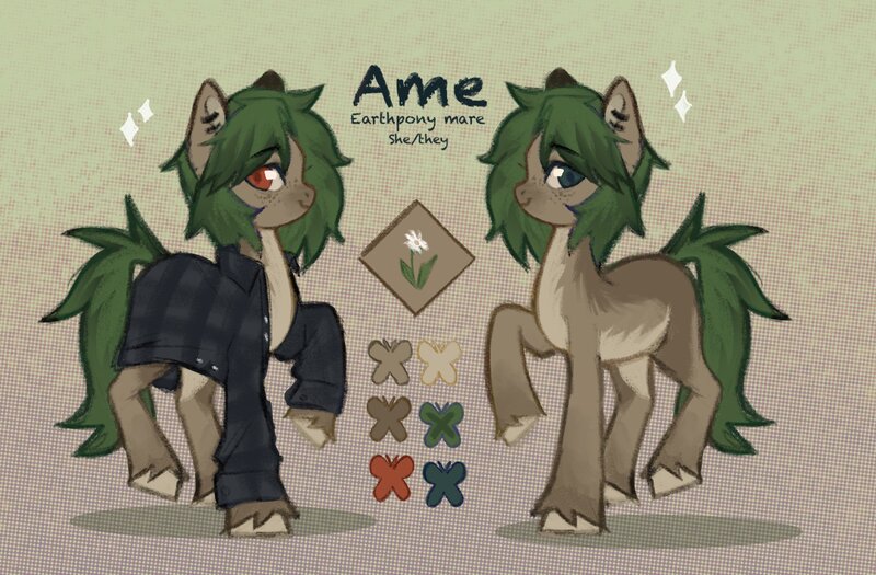 Size: 2266x1488 | Tagged: safe, artist:ametff3, derpibooru import, oc, oc:ame, unofficial characters only, earth pony, pony, abstract background, alternate design, brown coat, clothes, coat markings, color palette, colored hooves, colored muzzle, colored pinnae, duality, ear piercing, earring, earth pony oc, eye clipping through hair, eyebrows, eyebrows visible through hair, eyelashes, facial markings, female, flannel shirt, freckles, green mane, green tail, heterochromia, image, jewelry, jpeg, long tail, looking back, mare, messy mane, messy tail, open clothes, open shirt, pale belly, piercing, profile, pronouns, raised hoof, reference sheet, shadow, smiling, solo, sparkles, standing, tail, text, two toned mane, two toned tail, unshorn fetlocks
