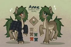 Size: 2266x1488 | Tagged: safe, artist:ametff3, derpibooru import, oc, oc:ame, unofficial characters only, earth pony, pony, abstract background, alternate design, brown coat, clothes, coat markings, color palette, colored hooves, colored muzzle, colored pinnae, duality, ear piercing, earring, earth pony oc, eye clipping through hair, eyebrows, eyebrows visible through hair, eyelashes, facial markings, female, flannel shirt, freckles, green mane, green tail, heterochromia, image, jewelry, jpeg, long tail, looking back, mare, messy mane, messy tail, open clothes, open shirt, pale belly, piercing, profile, pronouns, raised hoof, reference sheet, shadow, smiling, solo, sparkles, standing, tail, text, two toned mane, two toned tail, unshorn fetlocks