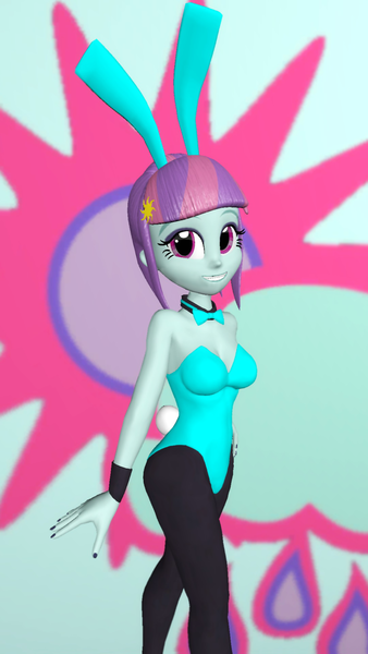 Size: 1080x1920 | Tagged: safe, artist:oatmeal!, derpibooru import, part of a set, sunny flare, human, equestria girls, 3d, bowtie, bunny ears, bunny girl, bunny suit, clothes, cutie mark, easter, g4, gmod, holiday, image, leotard, looking at you, png, simple background, skintight clothes, solo, tights, walking, wide hips