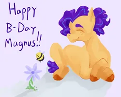 Size: 2000x1600 | Tagged: safe, artist:teochronico, derpibooru import, oc, bee, earth pony, insect, pony, birthday, earth pony oc, eyes closed, flower, image, png, smiling, solo