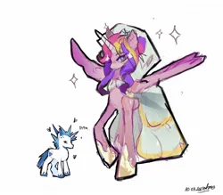 Size: 1698x1488 | Tagged: safe, artist:ametff3, derpibooru import, princess cadance, shining armor, alicorn, pony, unicorn, alternate hairstyle, bags under eyes, blush scribble, blushing, clothes, colored hooves, colored horn, colored sketch, colored wings, dot eyes, dress, duo, duo male and female, eye clipping through hair, female, frown, g4, gradient wings, hair bun, height difference, hoof shoes, horn, image, jpeg, long horn, long legs, male, mare, meme, multicolored mane, pink coat, princess shoes, purple eyes, raised hoof, ship:shiningcadance, shipping, signature, simple background, size difference, sketch, smiling, sparkles, spiky mane, spread wings, stallion, straight, tail, text, the bride and the ugly ass groom, toy interpretation, two toned mane, two toned tail, unicorn horn, unshorn fetlocks, veil, wedding dress, wedding veil, white background, white coat, wing fluff, wingding eyes, wings