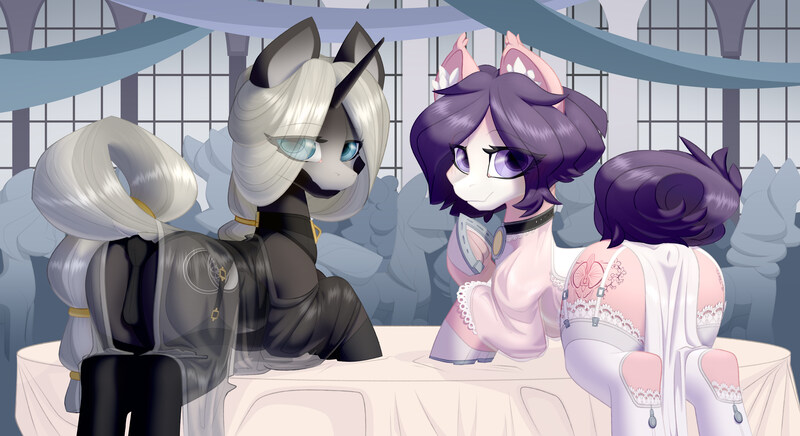 Size: 8800x4800 | Tagged: suggestive, artist:consorts-with-beasts, derpibooru import, oc, oc:orchid bloom, oc:second sight, earth pony, pony, unicorn, absurd resolution, butt, choker, clothes, corset, cutie mark, derpibooru exclusive, dock, duo, female, gala, horn, image, jpeg, lesbian, loincloth, looking at you, panties, presenting, public, raised tail, rear view, tail, underwear