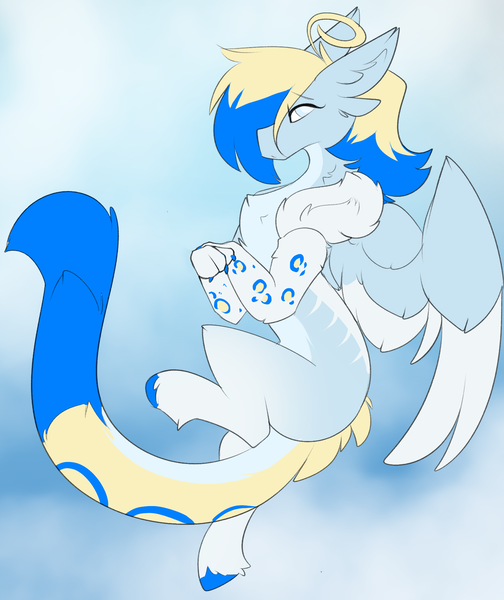 Size: 1689x2012 | Tagged: safe, artist:beardie, derpibooru import, oc, oc:azure opus, unofficial characters only, draconequus, big tail, blind, claws, draconequified, female, flying, image, in air, neck fluff, paws, png, solo, species swap, spots, spread wings, tail, wings