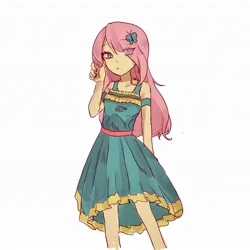 Size: 1024x1024 | Tagged: safe, artist:sugarcube269, derpibooru import, fluttershy, human, equestria girls, clothes, dress, eye clipping through hair, female, g4, image, jpeg, simple background, solo, white background