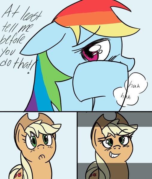 Size: 792x936 | Tagged: suggestive, artist:no-ink, derpibooru import, applejack, rainbow dash, earth pony, pegasus, appledash, comic, female, g4, hat, heart, image, jpeg, lesbian, panting, shipping, smiling, smirk, tail