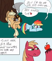 Size: 792x936 | Tagged: suggestive, artist:no-ink, derpibooru import, applejack, big macintosh, rainbow dash, earth pony, pegasus, apple, appledash, comic, embarrassed, female, food, g4, hat, image, jpeg, lesbian, shipping, smiling, smirk, smoking