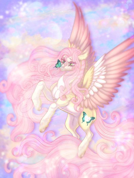 Size: 1500x2000 | Tagged: safe, artist:toge-kissed, derpibooru import, fluttershy, butterfly, insect, pegasus, pony, abstract background, alternate cutie mark, alternate design, butterfly on nose, colored wings, colored wingtips, female, flying, freckles, image, insect on nose, large wings, lightly watermarked, long mane, long tail, mare, png, solo, spread wings, tail, watermark, wings