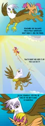 Size: 977x2702 | Tagged: safe, artist:cyb3rwaste, derpibooru import, gilda, scootaloo, gryphon, pegasus, pony, cloud, eyes closed, flying, g4, head rub, image, jpeg, open mouth, open smile, scootaloo can fly, scootalove, smiling, sun