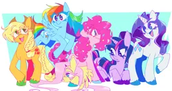 Size: 4021x2138 | Tagged: safe, artist:pinkpalletta, derpibooru import, applejack, fluttershy, pinkie pie, rainbow dash, rarity, twilight sparkle, earth pony, pegasus, pony, unicorn, colored hooves, confetti, eyebrows, eyebrows visible through hair, female, hair over one eye, horn, image, lying down, mane six, mare, passepartout, png, prone, simple background, spread legs, spreading, unicorn twilight, unshorn fetlocks, white background