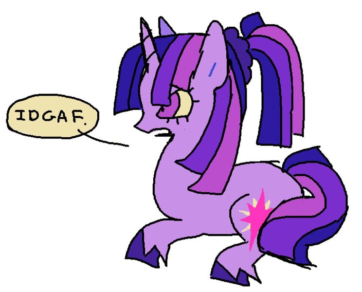 Size: 1088x877 | Tagged: safe, artist:casinokip, derpibooru import, twilight sparkle, pony, unicorn, alternate color palette, alternate design, alternate hairstyle, alternate mane color, big ears, colored hooves, colored sclera, dialogue, eyelashes, female, frown, g4, horn, idgaf, image, jpeg, lying down, mare, multicolored mane, multicolored tail, open mouth, ponytail, profile, prone, purple coat, purple eyes, purple mane, purple tail, shrunken pupils, sitting, solo, speech bubble, straight mane, straight tail, swearing, tail, talking, tied mane, twilight sparkle is not amused, unamused, unicorn horn, unicorn twilight, unshorn fetlocks, vulgar, yellow sclera