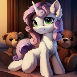 Size: 3072x3072 | Tagged: safe, ai content, derpibooru import, machine learning generated, prompter:seashell, stable diffusion, sweetie belle, pony, bust, chest fluff, ear fluff, female, g4, image, jpeg, looking at you, mare, plushie, smiling, smiling at you, solo, tail, teddy bear, two toned mane, two toned tail