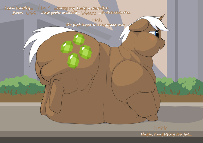 Size: 3232x2278 | Tagged: questionable, artist:lupin quill, derpibooru import, mochaccino, rare find, pony, unicorn, belly, belly bed, bhm, big belly, bingo wings, blushing, butt, chubby cheeks, dialogue, fat, fat fetish, fetish, flabby chest, g4, horn, hospital, huge belly, huge butt, image, impossibly large belly, large butt, male, morbidly obese, near immobile, obese, panting, png, rolls of fat, solo, solo male, stretched cutie mark, waddle