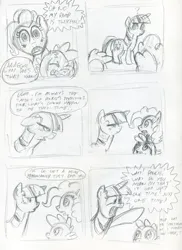 Size: 1275x1754 | Tagged: suggestive, artist:inspectornills, derpibooru import, pinkie pie, spike, twilight sparkle, earth pony, unicorn, comic, g4, horn, image, jpeg, monochrome, sketch