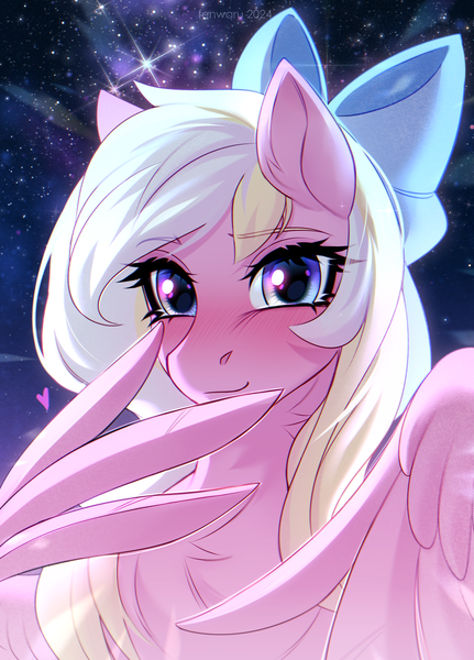 Size: 1950x2715 | Tagged: safe, artist:fenwaru, derpibooru import, oc, oc:bay breeze, unofficial characters only, pegasus, pony, blushing, bow, bust, cute, female, hair bow, image, looking at you, mare, pegasus oc, png, portrait, shy, solo, wings