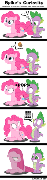 Size: 1000x3764 | Tagged: source needed, safe, artist:zutheskunk, banned from derpibooru, deleted from derpibooru, pinkie pie, spike, dragon, earth pony, pony, 2011, balloon, balloon popping, bloodshot eyes, comic, cutie mark, duo, female, g4, glare, grin, image, male, mare, nervous, nervous grin, now you fucked up, pinkamena diane pie, png, popping, prone, smiling, text, this will end in tears