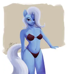 Size: 2336x2551 | Tagged: suggestive, alternate version, artist:calebpedigo, derpibooru import, trixie, anthro, pony, unicorn, belly button, black underwear, bra, breasts, clothes, female, hair over one eye, high res, horn, image, lidded eyes, looking at you, mare, panties, png, reasonably sized breasts, signature, smiling, smiling at you, solo, solo female, underwear