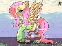Size: 1280x953 | Tagged: safe, artist:brainiac, derpibooru import, fluttershy, pegasus, pony, bow, clothes, female, image, mare, png, socks, solo, sweater, sweatershy, tail, tail bow