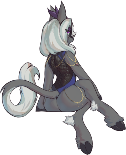 Size: 1022x1262 | Tagged: suggestive, artist:nsilverdraws, derpibooru import, oc, oc:jinx kurai, unofficial characters only, kirin, butt, chains, clothed ponies, clothes, cloven hooves, crossed legs, eye clipping through hair, gold, heart, horn, image, jewelry, kirin oc, large butt, leotard, open mouth, plot, png, rear view, scales, seductive, sexy, sitting, sultry pose, tattoo, thong leotard