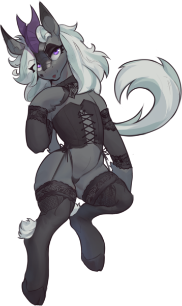 Size: 812x1360 | Tagged: suggestive, artist:nsilverdraws, derpibooru import, oc, oc:jinx kurai, unofficial characters only, kirin, belly, choker, clothed ponies, clothes, cloven hooves, corset, eye clipping through hair, eyeshadow, heart, horn, image, kirin oc, lace, lace underwear, lingerie, looking at you, lying down, makeup, open mouth, panties, png, scales, seductive, seductive look, seductive pose, sexy, socks, sultry pose, tattoo, thigh highs, underwear