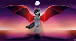 Size: 2500x1364 | Tagged: safe, artist:krapinkaius, derpibooru import, oc, oc:scarlet spectrum, unofficial characters only, bat pony, pony, eyes closed, female, flying, image, jpeg, mare, moon, night, solo, spread wings, wings