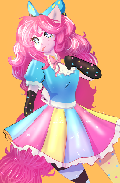 Size: 2995x4559 | Tagged: safe, artist:peanutfrogy, derpibooru import, pinkie pie, human, equestria girls, belt, bow, clothes, cute, diapinkes, dress, female, g4, gloves, image, orange background, png, ponied up, ribbon, simple background, socks, solo, solo female, sparkly mane, stockings, thigh highs, tongue out
