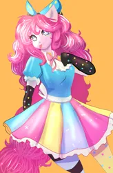 Size: 2995x4559 | Tagged: safe, artist:peanutfrogy, derpibooru import, pinkie pie, human, equestria girls, belt, bow, clothes, cute, diapinkes, dress, female, g4, gloves, image, orange background, png, ponied up, ribbon, simple background, socks, solo, solo female, sparkly mane, stockings, thigh highs, tongue out