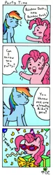 Size: 391x1278 | Tagged: safe, artist:tol-clover, derpibooru import, pinkie pie, rainbow dash, earth pony, pegasus, 4 panel comic, 4koma, balloon, churuya, comic, confetti, g4, glasses, hat, image, noisemaker, nyoro-n, parody, party, party hat, png