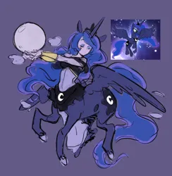 Size: 708x726 | Tagged: safe, artist:sheepiu, derpibooru import, princess luna, alicorn, centaur, pony, taur, clothes, eyes closed, female, flying, full moon, horn, image, jewelry, mare, moon, png, pony ears, regalia, simple background, skirt, solo, wings