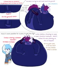 Size: 4000x5000 | Tagged: suggestive, artist:aaatheballoon, derpibooru import, oc, oc:aaaaaaaaaaa, oc:coral streak, bat pony, pegasus, comic:experimental gum, belly, belly bed, big belly, blueberry inflation, butt, comic, huge belly, huge butt, image, impossibly large belly, impossibly large butt, inflation, large butt, pegasus oc, png, text, tracksuit, turning blue, willy wonka, willy wonka and the chocolate factory, wings, worried