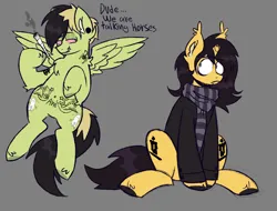 Size: 2871x2177 | Tagged: safe, artist:mxmx fw, derpibooru import, ponified, pegasus, pony, unicorn, clothes, drugs, duo, ear fluff, flying, frank iero, gerard way, hoof polish, horn, image, joke, jpeg, looking at each other, looking at someone, marijuana, my chemical romance, scarf, tattoo, two toned mane, wings