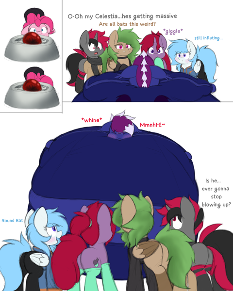 Size: 4000x5000 | Tagged: suggestive, artist:aaatheballoon, derpibooru import, pinkie pie, oc, oc:aaaaaaaaaaa, oc:coral streak, bat pony, pegasus, unicorn, comic:experimental gum, belly, belly bed, big belly, blueberry inflation, blushing, butt, comic, group, hiding, horn, huge belly, huge butt, image, impossibly large belly, impossibly large butt, inflation, large butt, laughing, pegasus oc, png, text, tracksuit, turning blue, unicorn oc, willy wonka, willy wonka and the chocolate factory, wings, worried