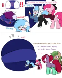 Size: 4000x5000 | Tagged: suggestive, artist:aaatheballoon, derpibooru import, pinkie pie, oc, oc:aaaaaaaaaaa, oc:coral streak, bat pony, pegasus, unicorn, comic:experimental gum, belly, belly bed, big belly, blueberry inflation, blushing, comic, group, horn, huge belly, humiliation, image, impossibly large belly, inflation, pegasus oc, png, pushing, rolling, shoving, spherical inflation, text, tracksuit, turning blue, unicorn oc, willy wonka, willy wonka and the chocolate factory, wings, worried