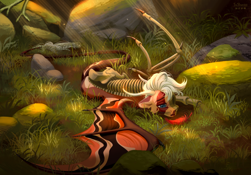 Size: 3769x2632 | Tagged: safe, artist:teaflower300, derpibooru import, oc, unofficial characters only, dracony, dragon, hybrid, bone, detailed background, feather, forest, image, lying down, nature, png, skeleton, solo, spread wings, tree, wings