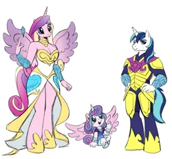 Size: 1280x1181 | Tagged: safe, artist:fotia-kouneli, derpibooru import, princess cadance, princess flurry heart, shining armor, alicorn, anthro, crystal pony, pony, unguligrade anthro, unicorn, armor, baby, bare shoulders, breasts, busty princess cadance, cleavage, clothes, dress, family, female, filly, foal, g4, hand on hip, height difference, horn, image, larger female, lidded eyes, looking at you, male, mare, png, ship:shiningcadance, shipping, simple background, size difference, smaller male, smiling, smiling at you, stallion, straight, trio, white background