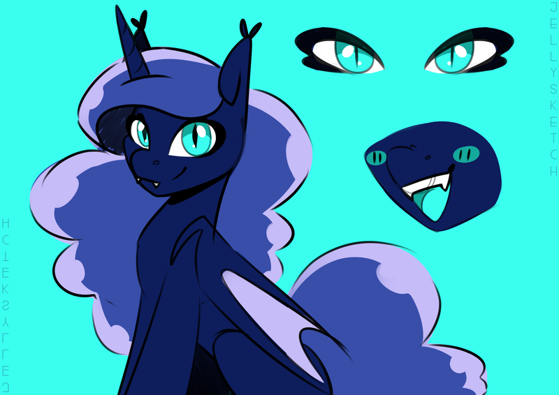 Size: 2048x1448 | Tagged: safe, artist:jellysketch, derpibooru import, princess luna, alicorn, bat pony, bat pony alicorn, pony, bat ponified, bat wings, blushing, cute, cute little fangs, fangs, female, folded wings, g4, horn, image, looking at you, mare, open mouth, open smile, png, race swap, sitting, smiling, solo, species swap, wings