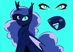 Size: 2048x1448 | Tagged: safe, artist:jellysketch, derpibooru import, princess luna, alicorn, bat pony, bat pony alicorn, pony, bat ponified, bat wings, blushing, cute, cute little fangs, fangs, female, folded wings, g4, horn, image, looking at you, mare, open mouth, open smile, png, race swap, sitting, smiling, solo, species swap, wings