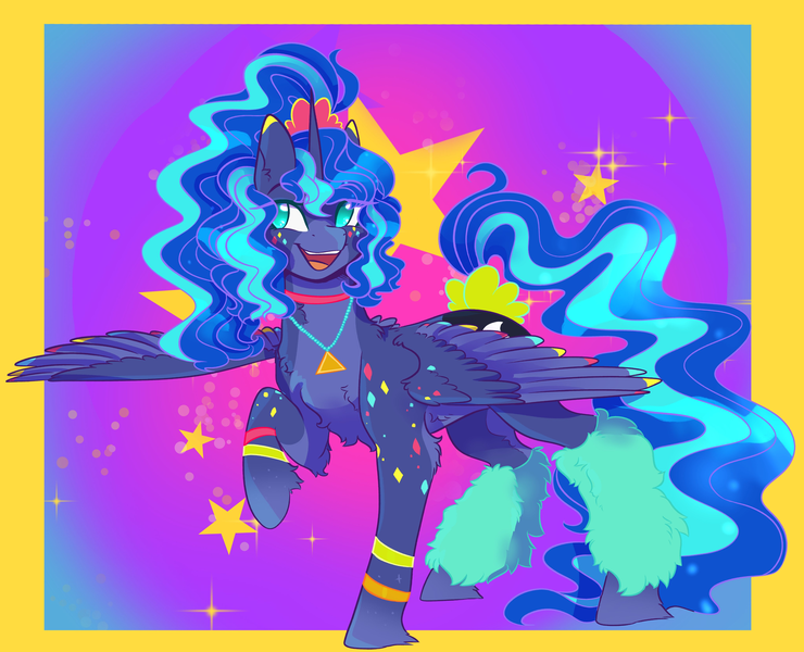 Size: 4096x3319 | Tagged: safe, artist:jezebel_remedy, derpibooru import, princess luna, alicorn, pony, 80s princess luna, bracelet, female, fluffy, g4, gradient background, high res, horn, image, jewelry, mare, necklace, no pupils, open mouth, open smile, passepartout, png, ponytail, raised hoof, scrunchie, smiling, solo, sparkles, spread wings, stars, wings