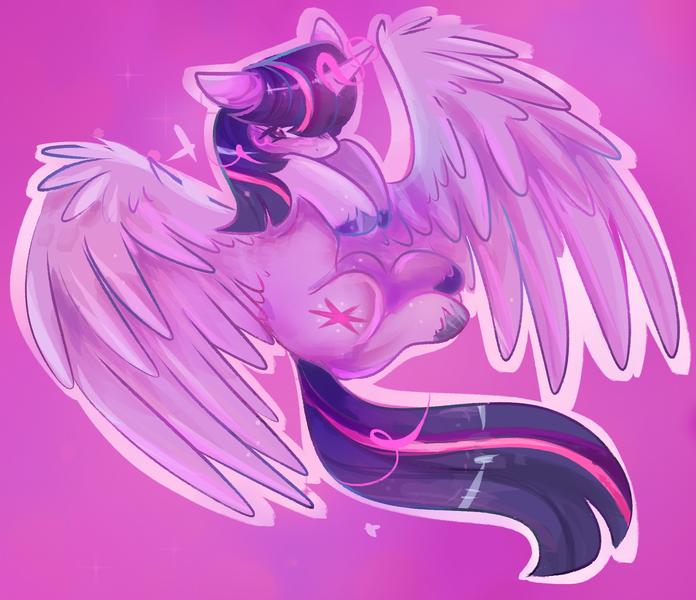 Size: 2000x1724 | Tagged: safe, artist:jezebel_remedy, derpibooru import, twilight sparkle, twilight sparkle (alicorn), alicorn, pony, female, g4, horn, image, large wings, magic, mare, pink background, png, simple background, solo, spread wings, unshorn fetlocks, wings
