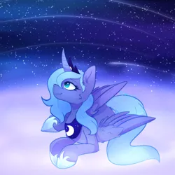 Size: 1500x1500 | Tagged: safe, artist:greenie-ghost, derpibooru import, princess luna, alicorn, pony, cheek fluff, ear fluff, female, g4, horn, image, looking up, lying down, mare, png, profile, prone, s1 luna, smiling, solo, wings