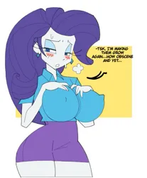 Size: 393x474 | Tagged: suggestive, artist:brolycoochie, derpibooru import, rarity, human, equestria girls, big breasts, blushing, breasts, busty rarity, erect nipples, female, g4, hand on breasts, huge breasts, image, implied breast expansion, jpeg, looking away, nipple outline, passepartout, simple background, solo, solo female, sweat, white background, wide hips