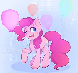 Size: 1468x1386 | Tagged: safe, artist:greenie-ghost, derpibooru import, pinkie pie, earth pony, pony, balloon, chest fluff, ear fluff, female, g4, image, mare, one eye closed, open mouth, open smile, png, raised hoof, smiling, solo