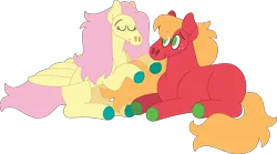 Size: 2657x1476 | Tagged: safe, artist:lepoppeta, derpibooru import, big macintosh, fluttershy, earth pony, pegasus, pony, colored hooves, duo, duo male and female, eyes closed, female, fluttermac, image, long mane, lying down, male, mare, missing accessory, missing cutie mark, playing with hair, png, prone, shipping, simple background, smiling, stallion, straight, transparent background