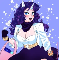 Size: 3742x3800 | Tagged: safe, artist:rumblyf, derpibooru import, rarity, human, big breasts, blushing, bracelet, breasts, busty rarity, cleavage, clothes, eared humanization, female, gloves, horn, horned humanization, humanized, image, jewelry, jpeg, light skin, looking at you, open mouth, open smile, purple background, purse, simple background, smiling, smiling at you, solo, tail, tailed humanization