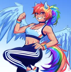 Size: 3742x3800 | Tagged: safe, artist:rumblyf, derpibooru import, rainbow dash, human, belly button, breasts, choker, cleavage, clothes, female, gradient background, grin, hand on hip, humanized, image, jpeg, midriff, ponytail, smiling, solo, sports bra, tail, tailed humanization, tan skin, toned, toned female, winged humanization, wings