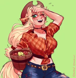 Size: 3742x3800 | Tagged: safe, artist:rumblyf, derpibooru import, applejack, human, apple, breasts, bucket, busty applejack, clothes, denim, eared humanization, female, food, front knot midriff, green background, humanized, image, jeans, jpeg, light skin, looking at you, midriff, open mouth, open smile, pants, ripped pants, simple background, smiling, smiling at you, solo, tail, tailed humanization, torn clothes